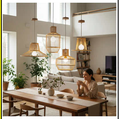 Lysverden handwoven rattan pendant lights in various shapes hanging over a wooden dining table in a bright living room.