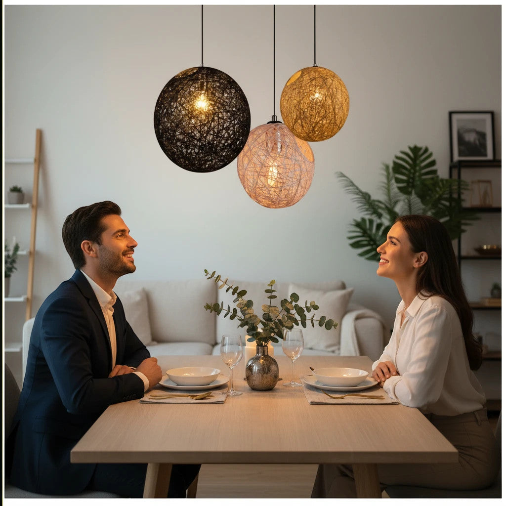 Lysverden round rattan pendant lights in black, white, and natural hanging over a couple at a dining table.