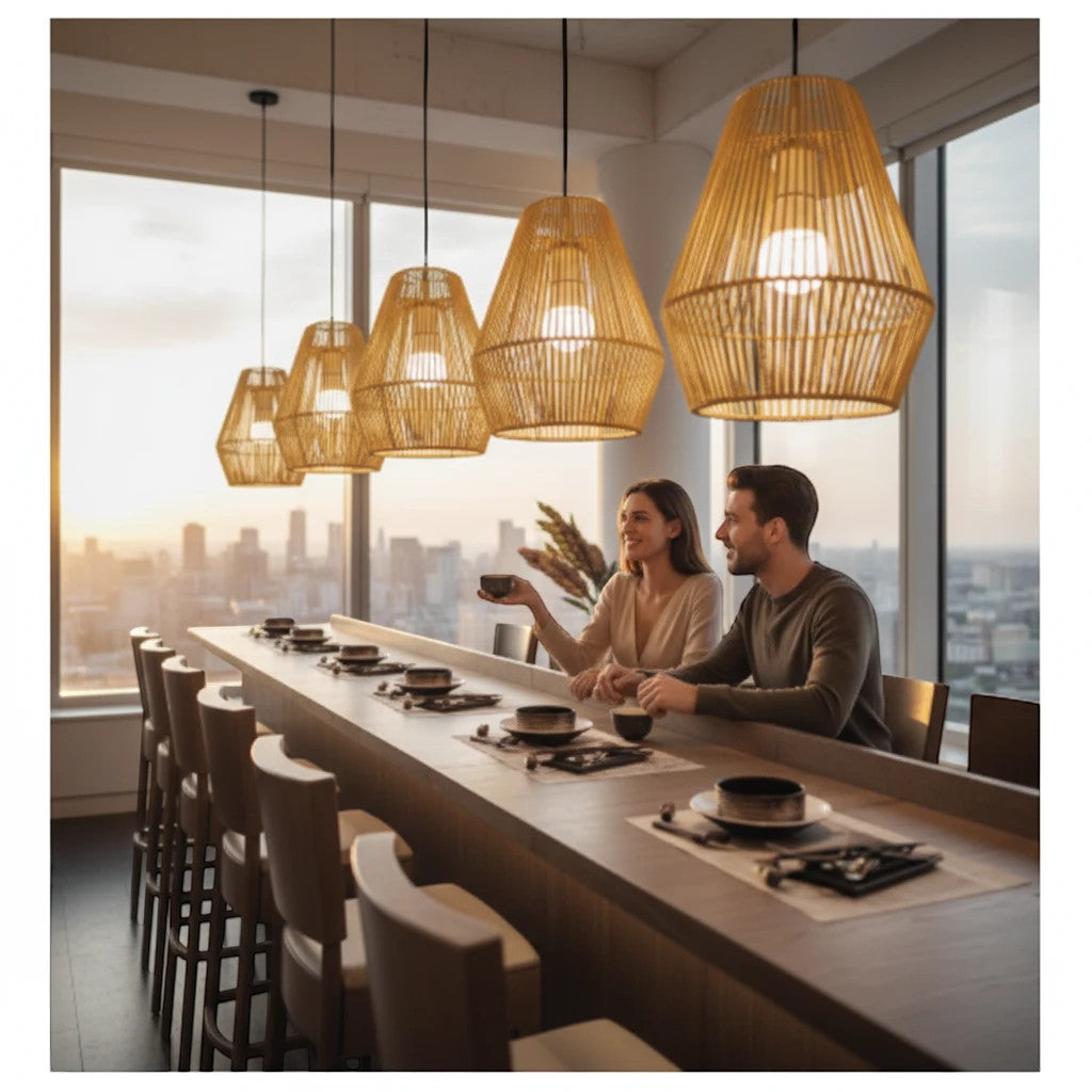 Lysverden rattan pendant lights hanging over a modern dining counter with a couple enjoying coffee at sunset