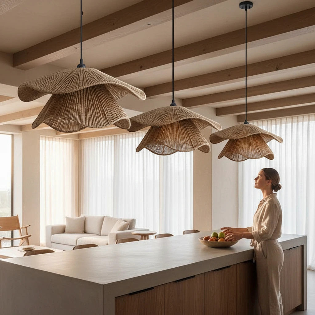 Lysverden hand-woven rattan pendant lamps with pleated hat design hanging over a modern kitchen island in a Japandi home