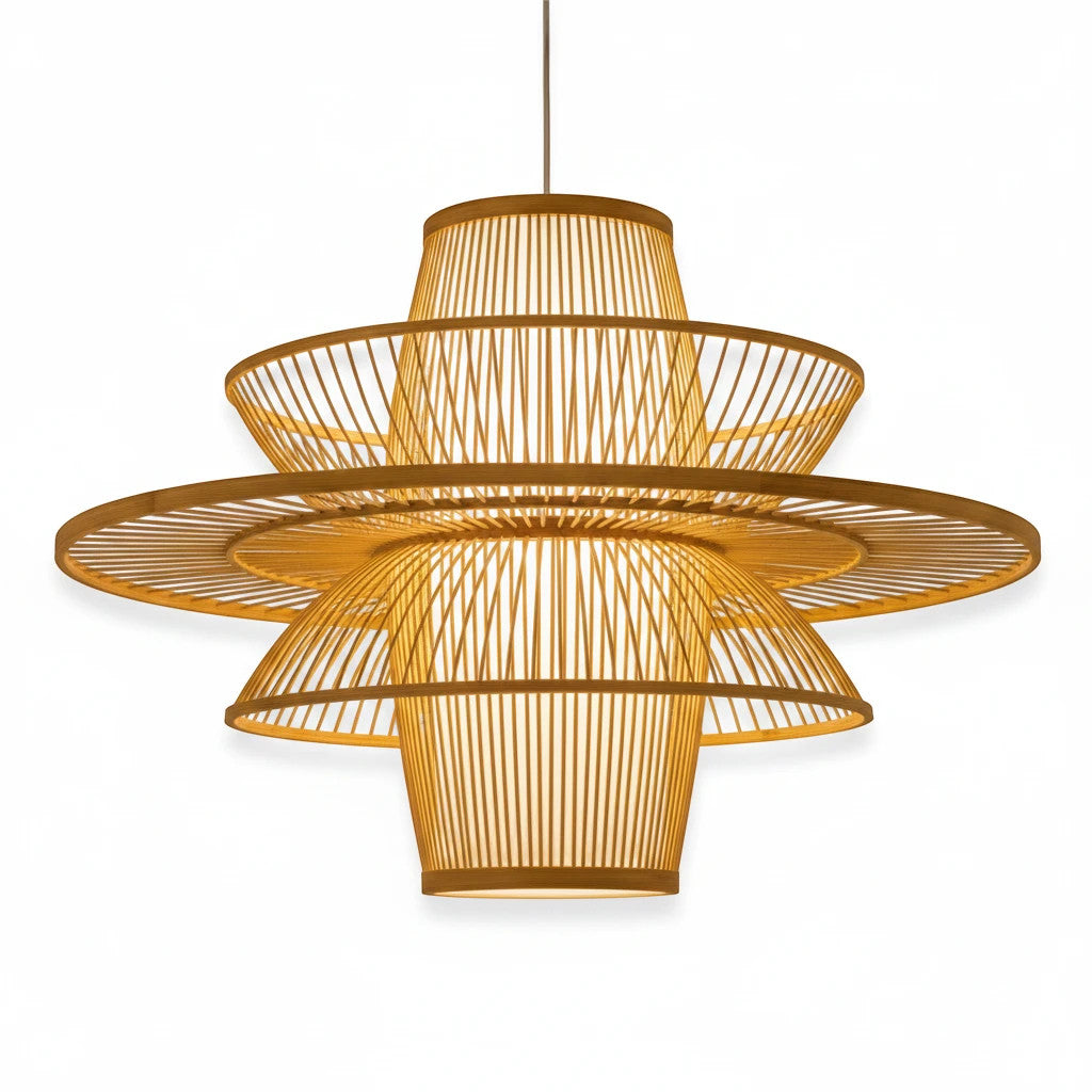 Lysverden hand-woven rattan pendant lamp with a wide sombrero-inspired brim in a natural light wood finish.
