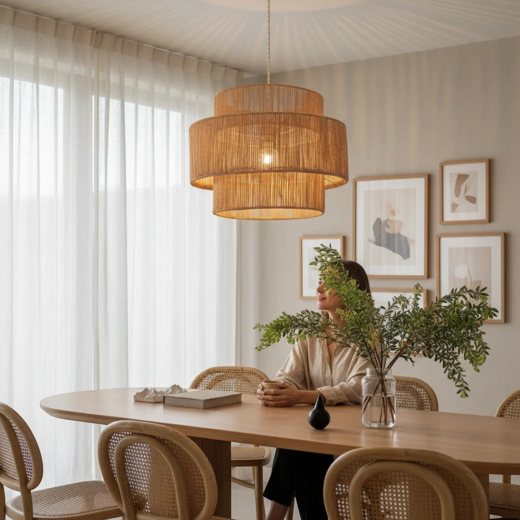 Lysverden hand-woven rattan pendant lamp with two-tier drum design hanging over a wooden dining table in a Japandi room