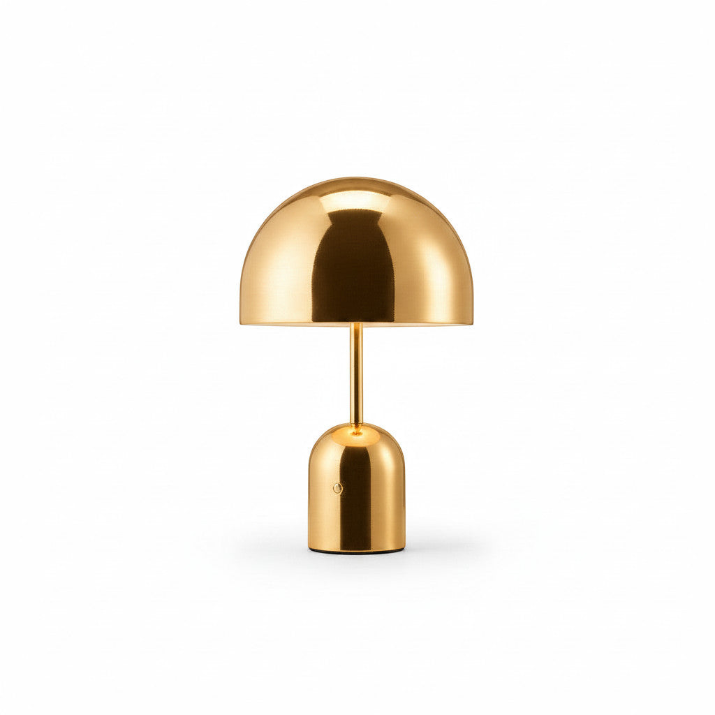 Lysverden mushroom-shaped rechargeable metal table lamp with touch control and dimmable light, gold finish.