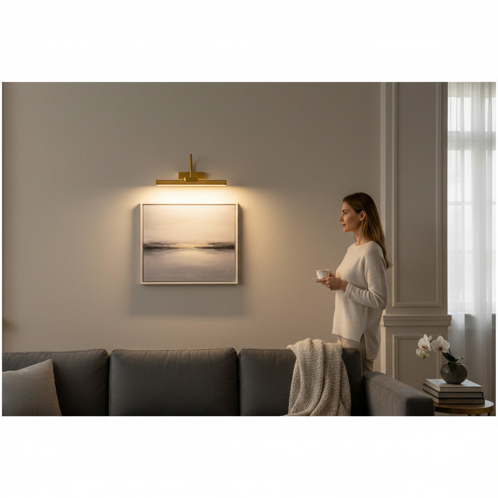Lysverden rechargeable picture light with flexible arm, brushed brass finish, touch control, and remote. 4000 mAh battery.