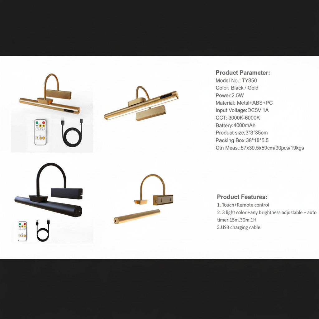 Lysverden rechargeable picture light with curved arm, remote control, 3 color temps, dimming, and 4000mAh battery. Available in black and gold.