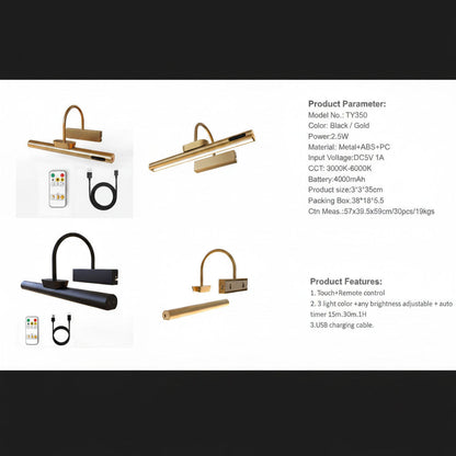 Lysverden rechargeable picture light with curved arm, remote control, 3 color temps, dimming, and 4000mAh battery. Available in black and gold.