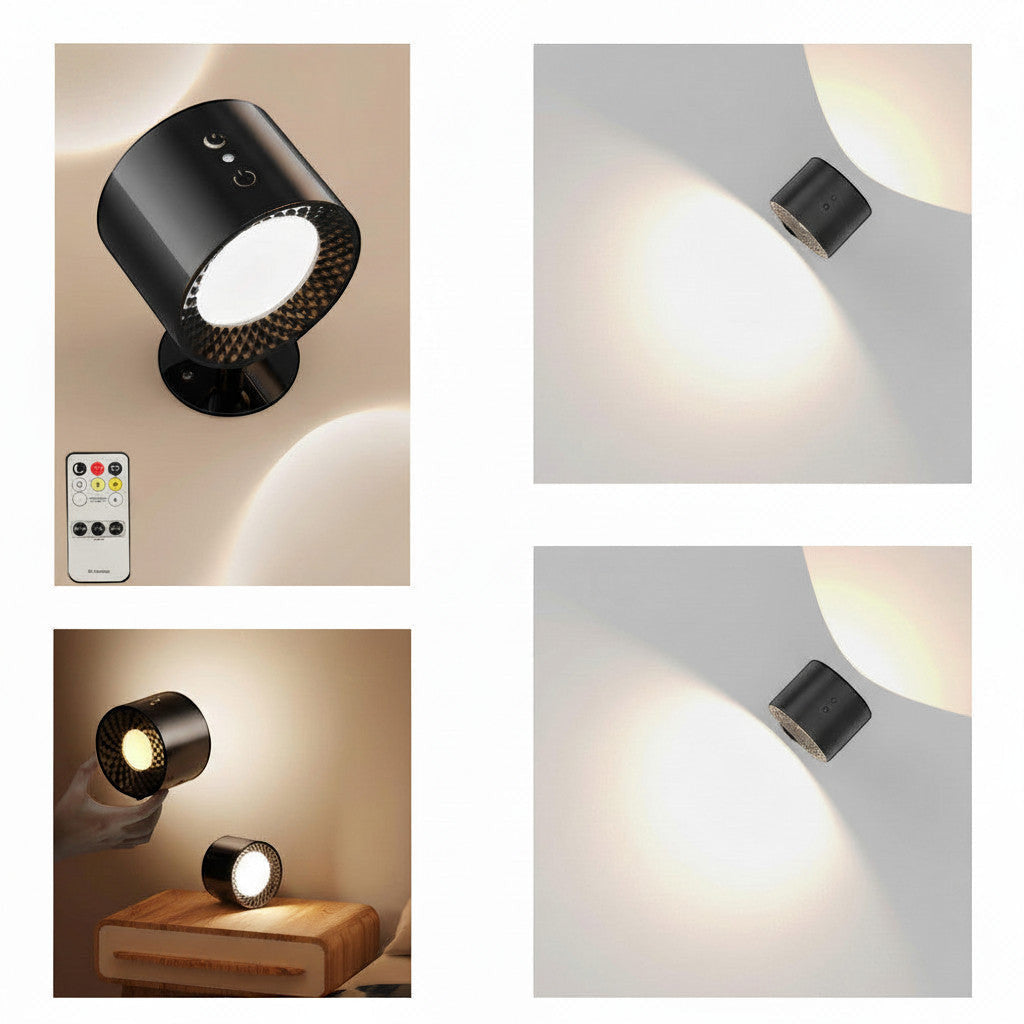 Lysverden black rechargeable 360° wall spotlight with remote, touch control, dimmable, 3 light colors, ABS/PC