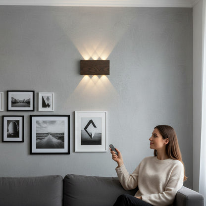Lysverden rectangular up/down wall lamp with dark wood finish, 3 light colors + RGB, remote control.