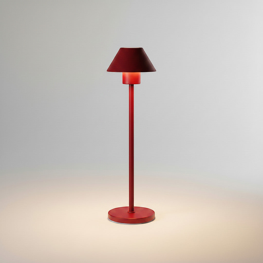 Lysverden cordless red aluminum bell-shaped table lamp with touch control and dimming.