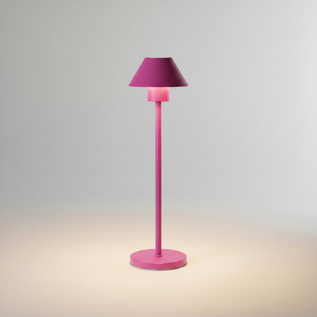 Lysverden red aluminum cordless table lamp with bell-shaped shade, touch control, and dimming. 3600 mAh battery.