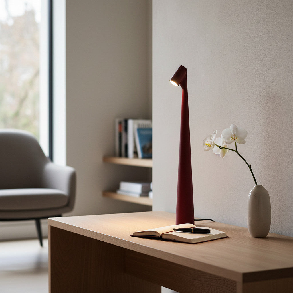 Lysverden red aluminum cone tall slim cordless table lamp with touch dimming and 3000K warm light.