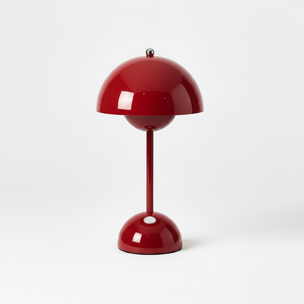 Lysverden red cordless touch table lamp, inspired by Flowerpot design, made of PC with dimmable light.