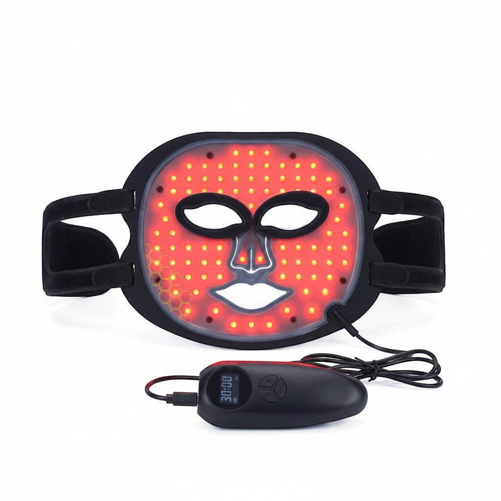 Lysverden red LED silicone facial mask for acne, redness, and anti-aging. Features 84 LEDs and a 30-minute timer.