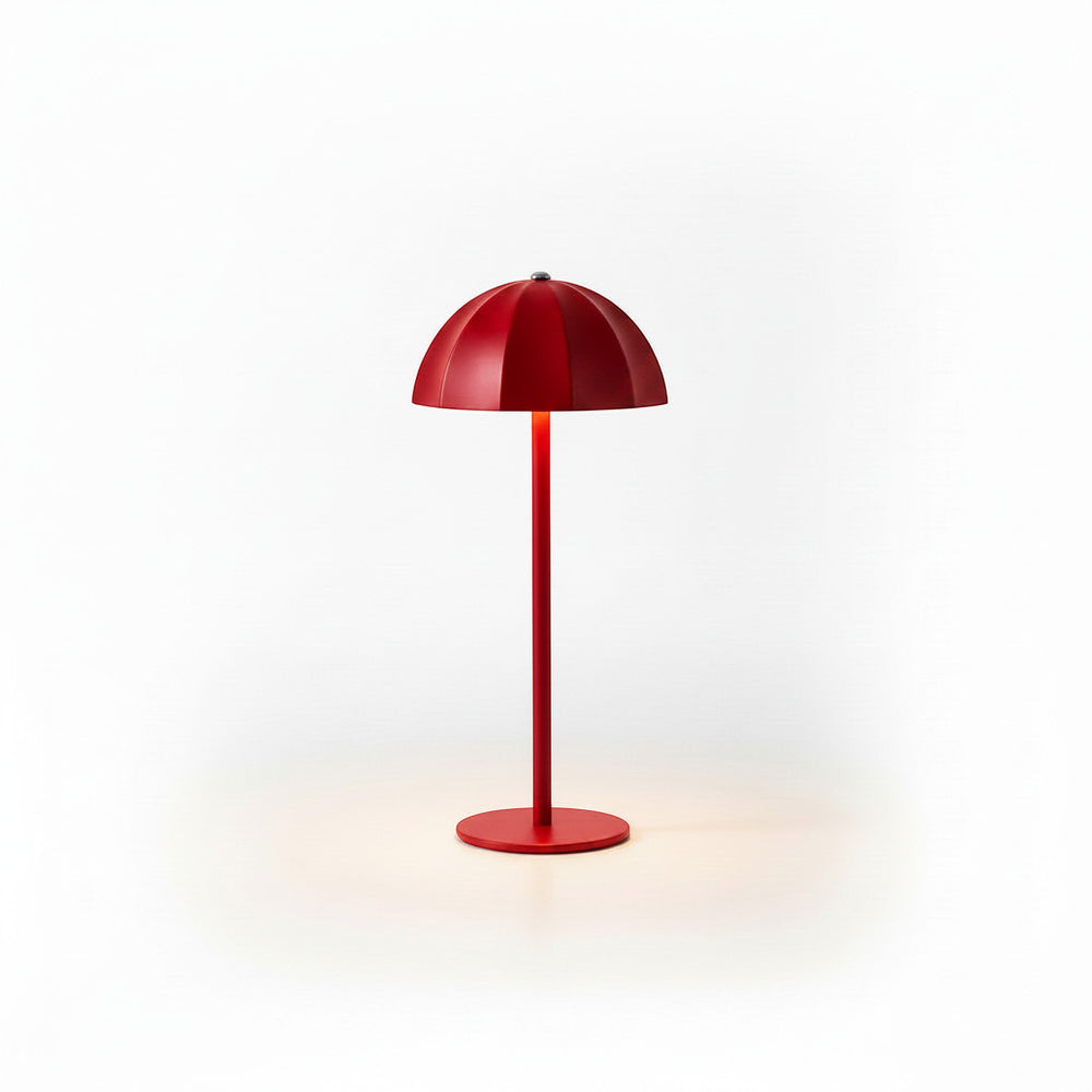Lysverden red metal mushroom-shaped table lamp with segmented shade and PMMA dome, dimmable with 3 color temperatures.