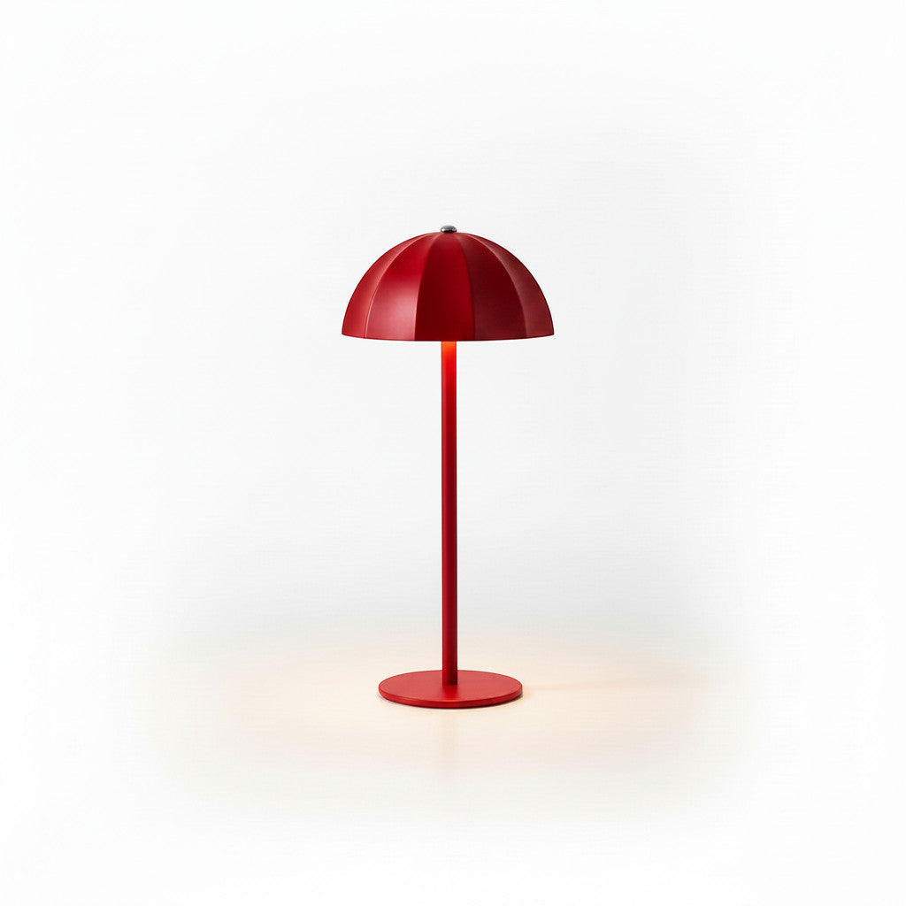 Lysverden red metal mushroom-shaped table lamp with segmented shade and PMMA dome, dimmable with 3 color temperatures.