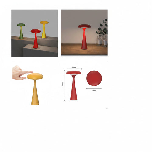 Lysverden mushroom-shaped table lamp in red ABS, touch-controlled, dimmable, 3 color temperatures, rechargeable.