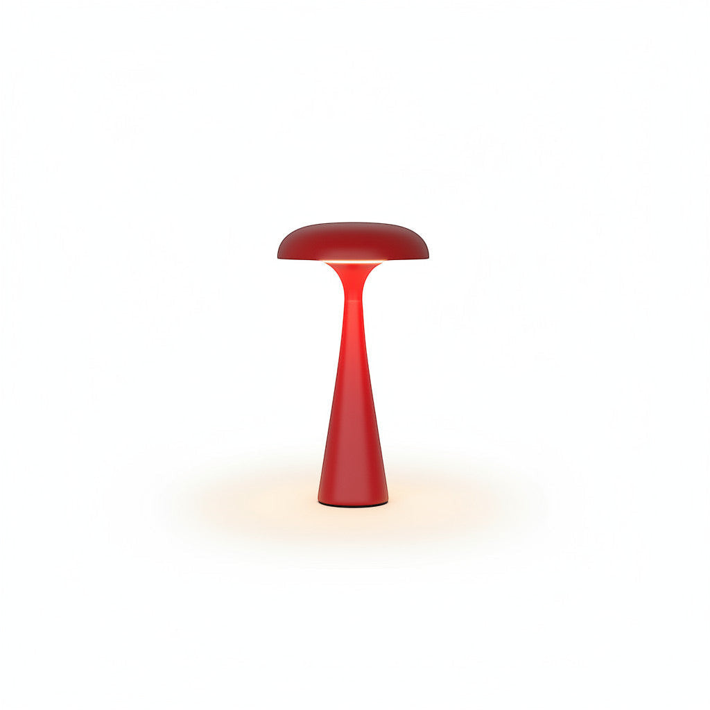 Lysverden red ABS mushroom-shaped table lamp with touch control and 3 color temperatures.