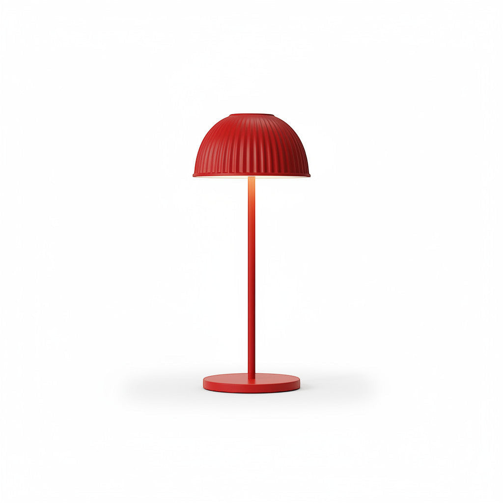 Lysverden red ABS table lamp with ribbed dome shade, touch control, 3 color temperatures, dimmable, and rechargeable battery.