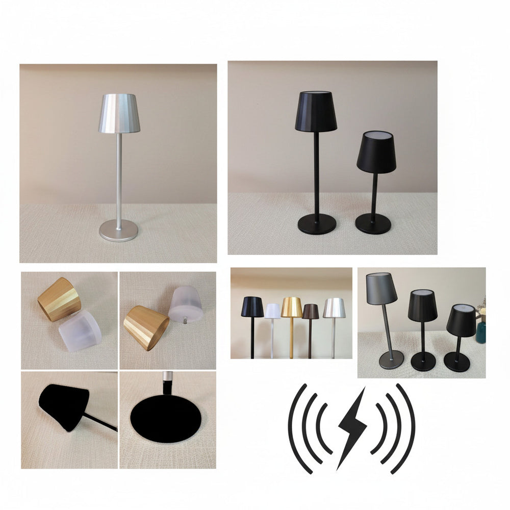 Lysverden restaurant lamp with round base, strip shade, touch control, 4 color temperatures, and Qi charging. Aluminum alloy.