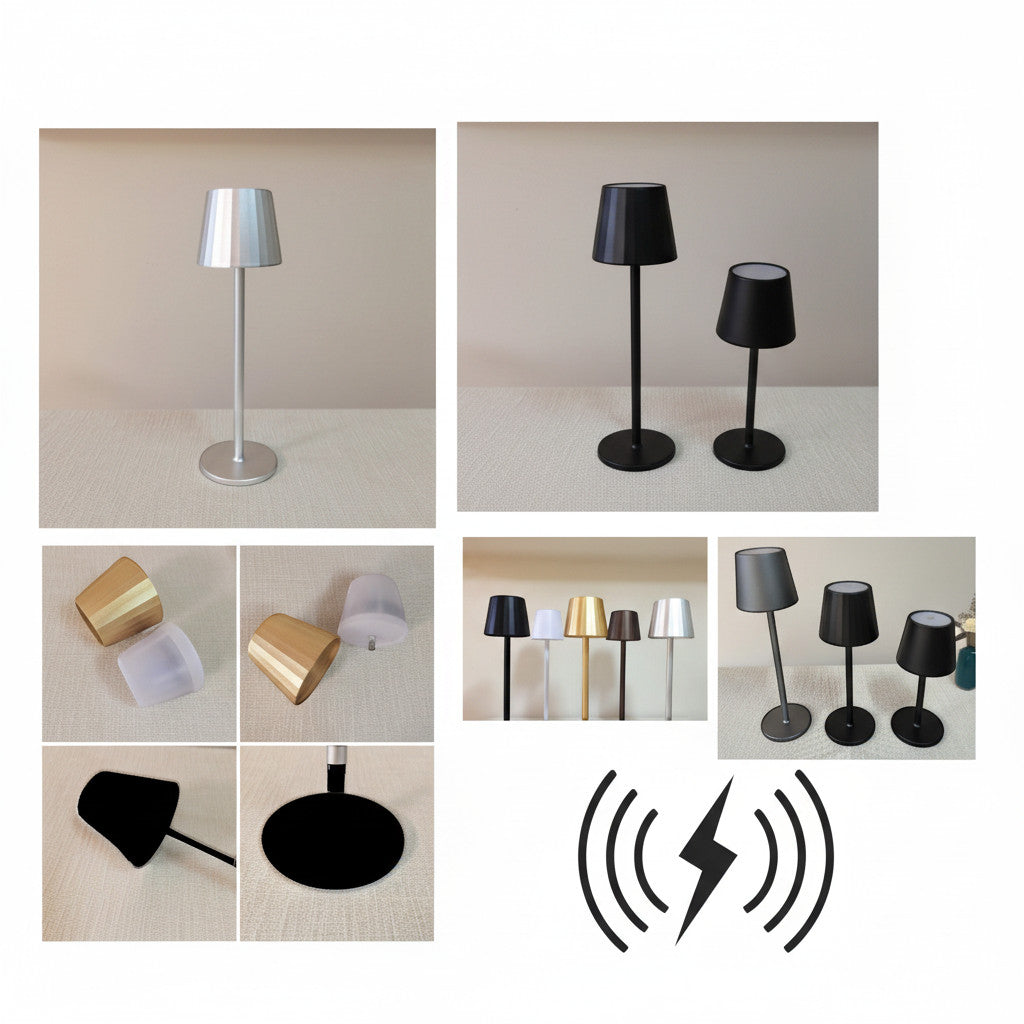 Lysverden restaurant lamp with round base, strip shade, touch control, 4 color temperatures, and Qi charging. Aluminum alloy.