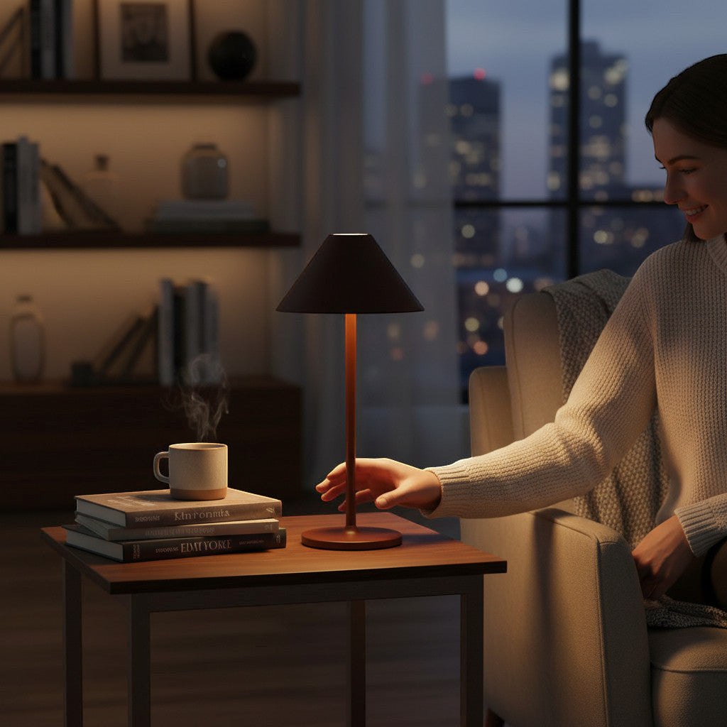 Lysverden restaurant lamp with a dark brown umbrella shade, touch control, 4 color temperatures, and Qi charging.