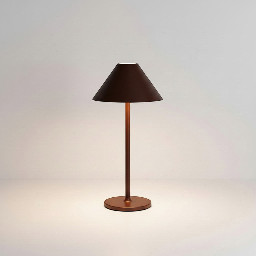 Lysverden restaurant table lamp with umbrella shade, touch control, 4 color temperatures, and Qi charging. Silver aluminum.