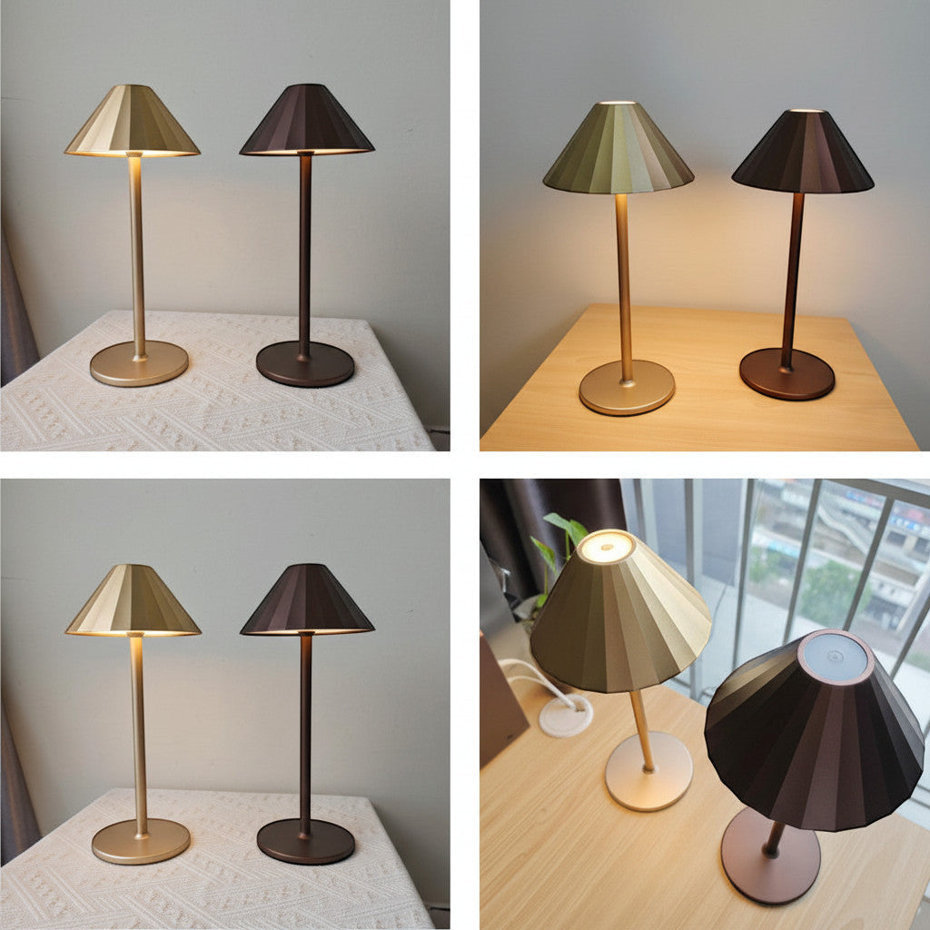 Lysverden gold and coffee brown restaurant table lamp with umbrella shade, touch control, 4 color temperatures, and Qi charging.