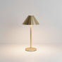 Lysverden restaurant table lamp with umbrella shade, gold and coffee brown aluminum, touch control, 4 color temperatures, 3-level dimming, 5200mAh battery, Qi charging.