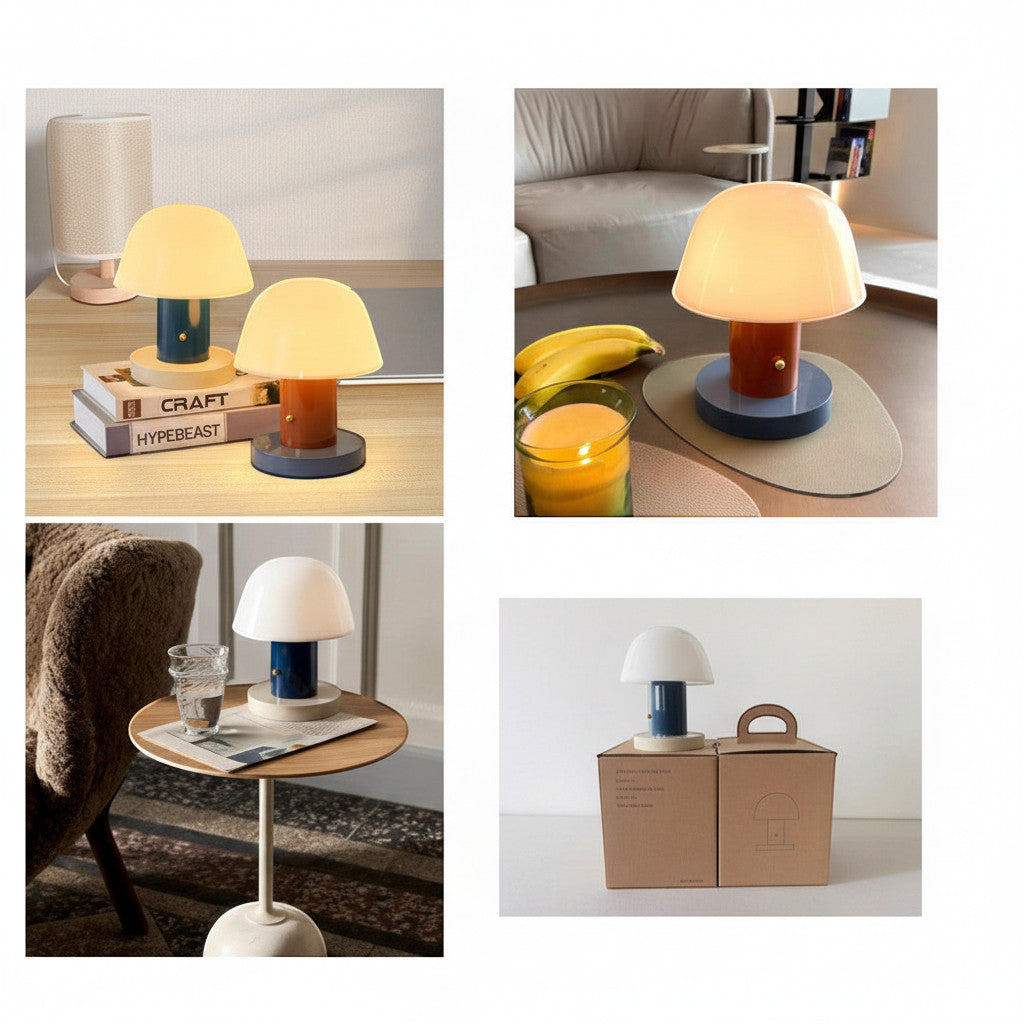 Lysverden retro mushroom table lamp in blue and red metal/PC, with touch control and dimmable 3000K light.