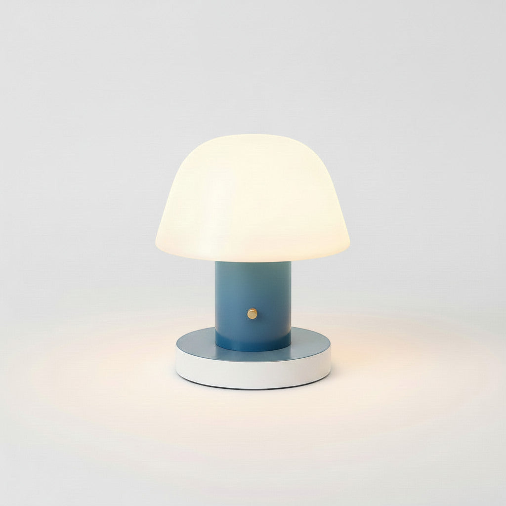 Lysverden retro mushroom table lamp with blue metal base and white opal shade, touch-controlled and dimmable.