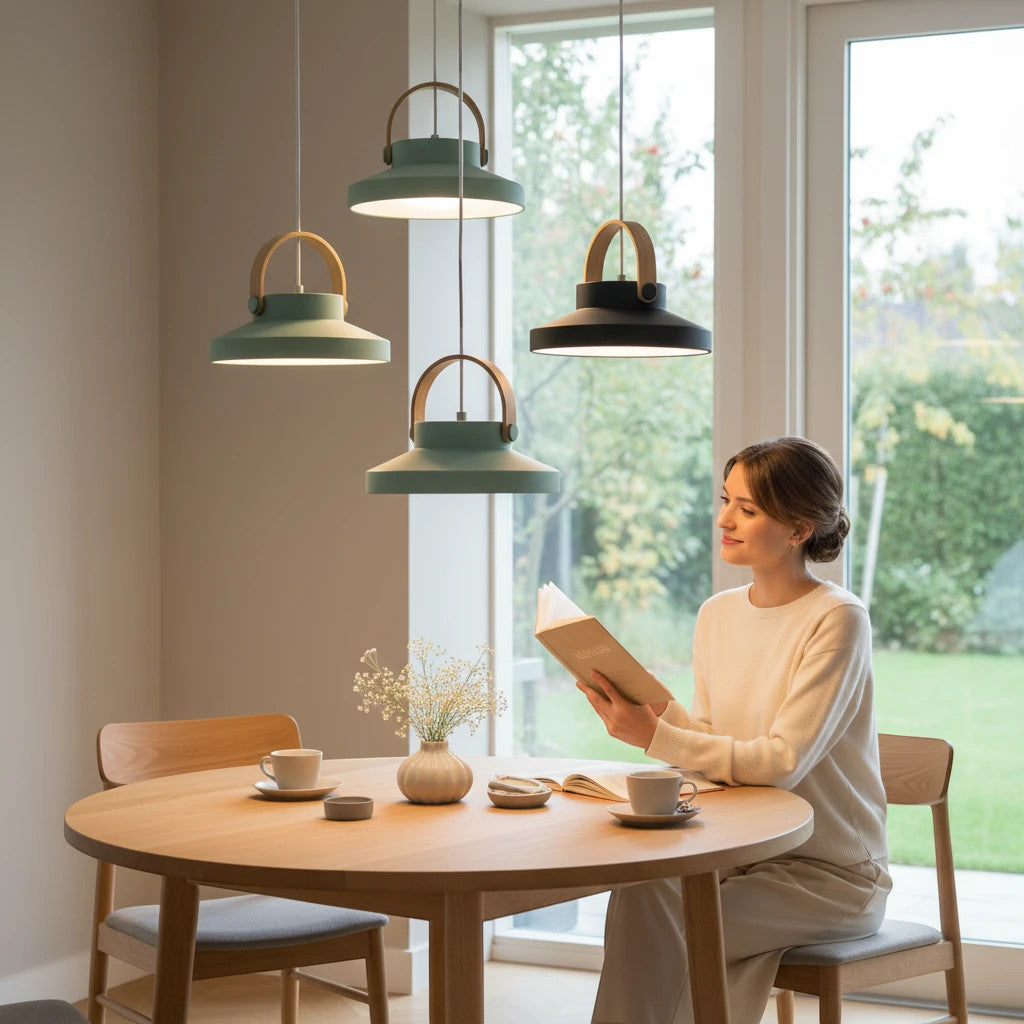 Lysverden retro pendant lamps with brass handles hanging over a wooden dining table where a woman reads a book.