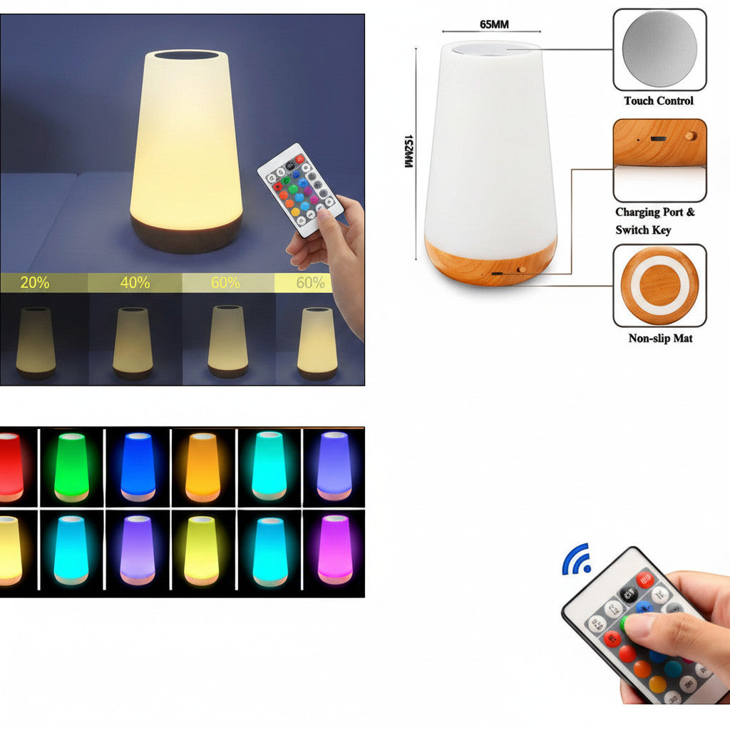 Lysverden RGB bedside lamp with wood base, touch control, 12 colors, remote control, and auto-shutdown timer.