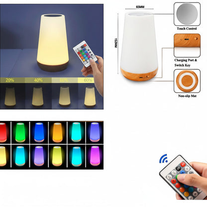 Lysverden RGB bedside lamp with wood base, touch control, 12 colors, remote control, and auto-shutdown timer.