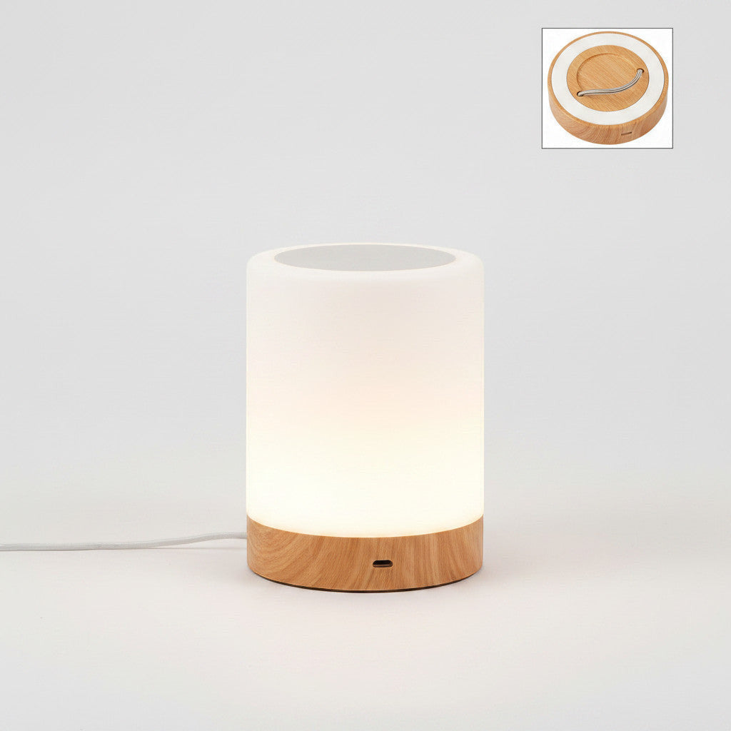 Lysverden RGB cylinder night light with wood base, touch control for 7 colors, remote for 12 colors, and hidden hook.