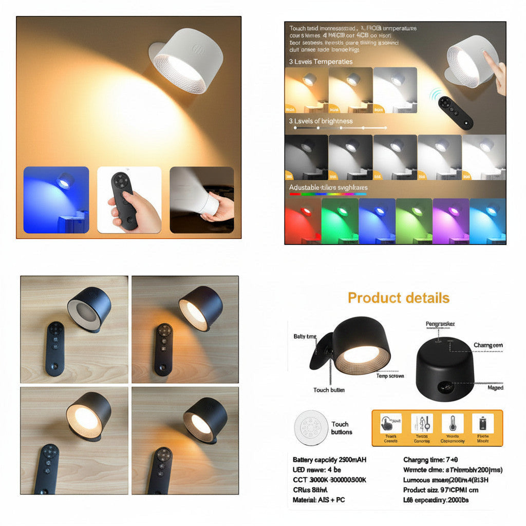 Lysverden round wall spotlight with remote control, 360° rotation, RGB colors, dimmable, 2500 mAh battery, ABS + PC material.