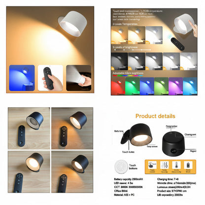 Lysverden round wall spotlight with remote control, 360° rotation, RGB colors, dimmable, 2500 mAh battery, ABS + PC material.