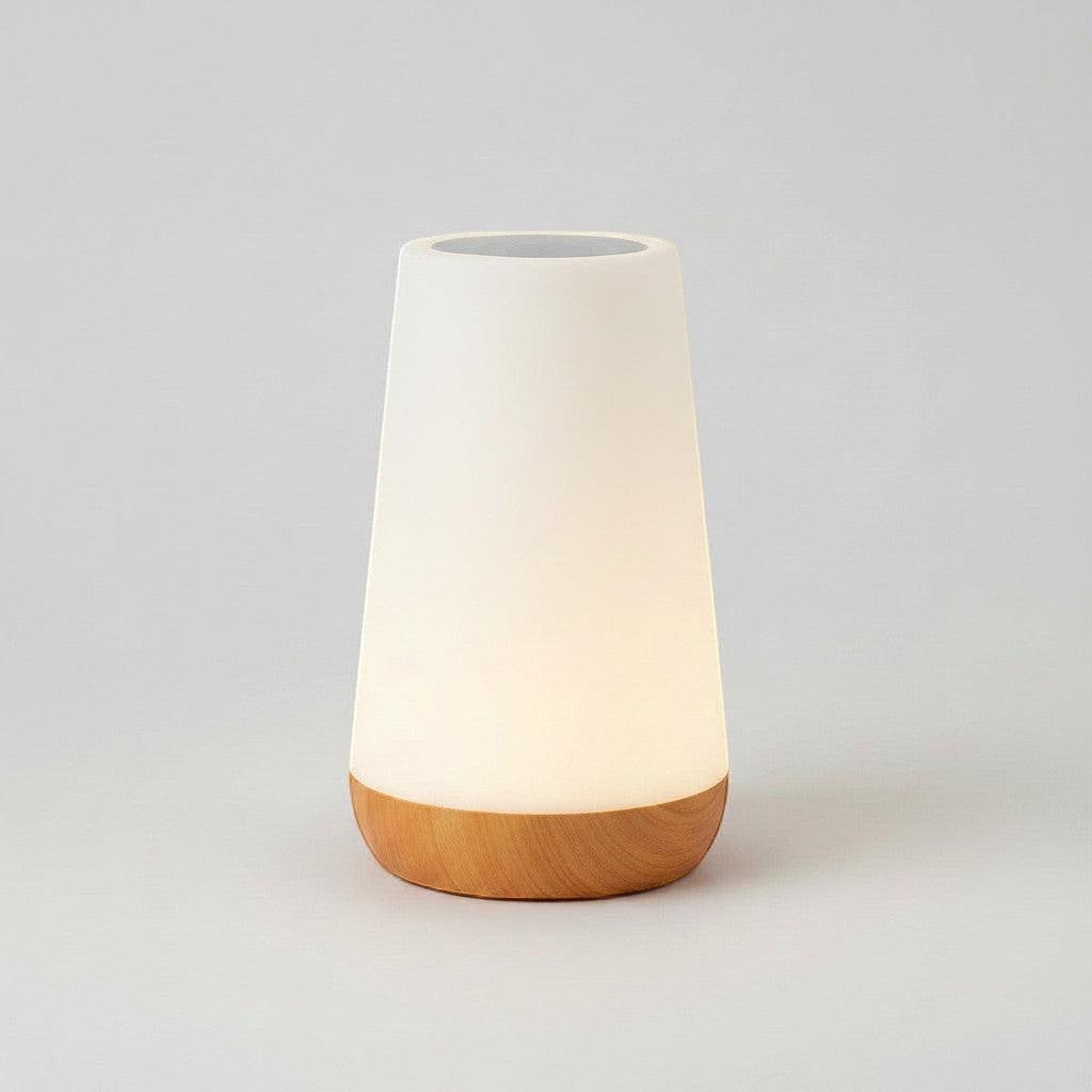 Lysverden modern bedside lamp with wood base and frosted white shade, touch and remote control for 12 RGB colors.