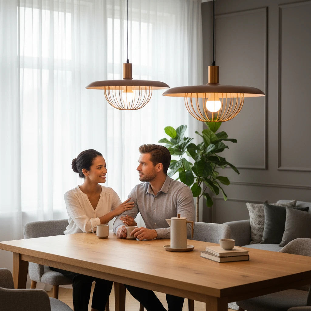 Lysverden metal pendant lamps with ribbed shades hanging over a dining table where a couple sits in a modern home.