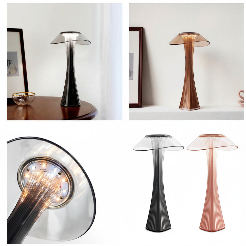 Lysverden sculptural table lamp with ribbed PMMA stem and wide dome shade, touch control, 3 color temps, dimmable.