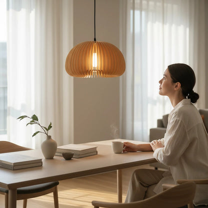 Lysverden ribbed light wood pendant lamp hanging over a dining table with a woman sitting in a bright modern room.