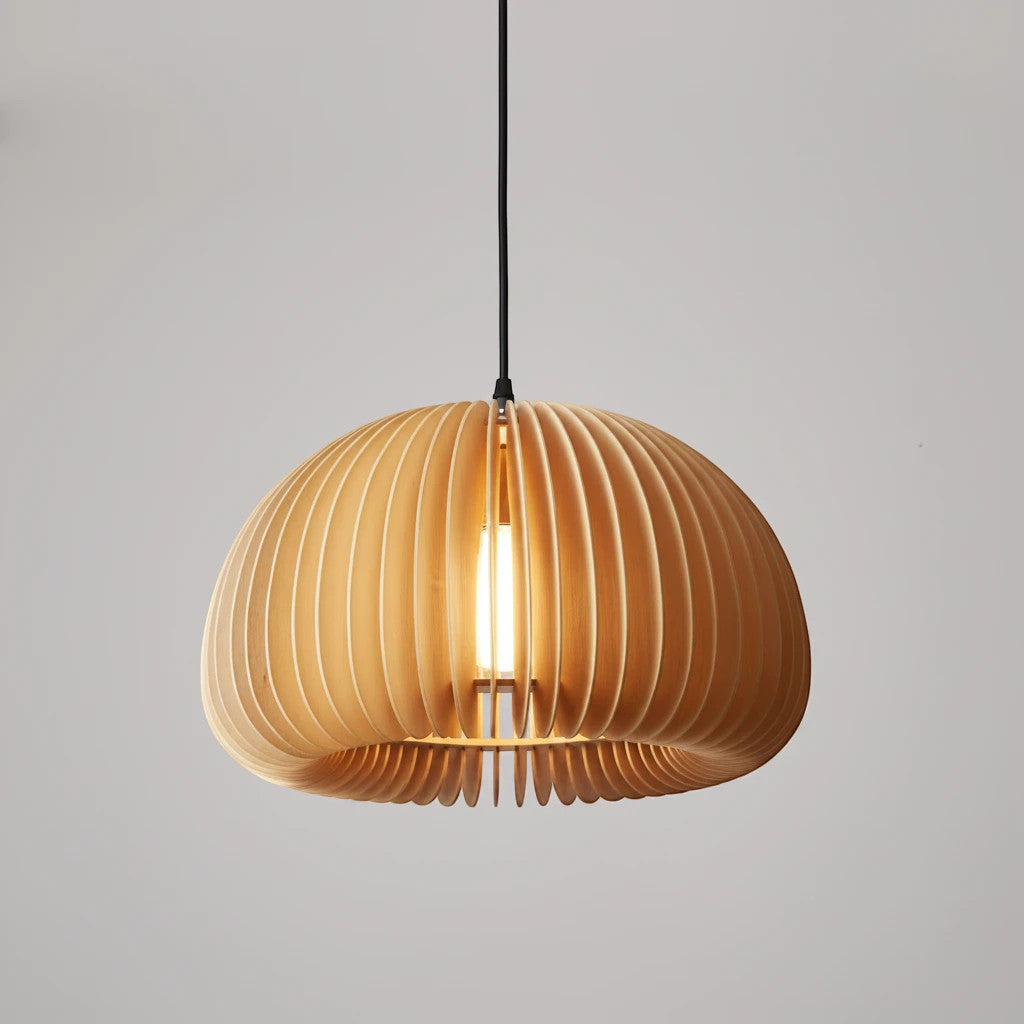 Lysverden LYS Trependel featuring a ribbed light wood disc design in a Scandinavian Japandi style pendant lamp.