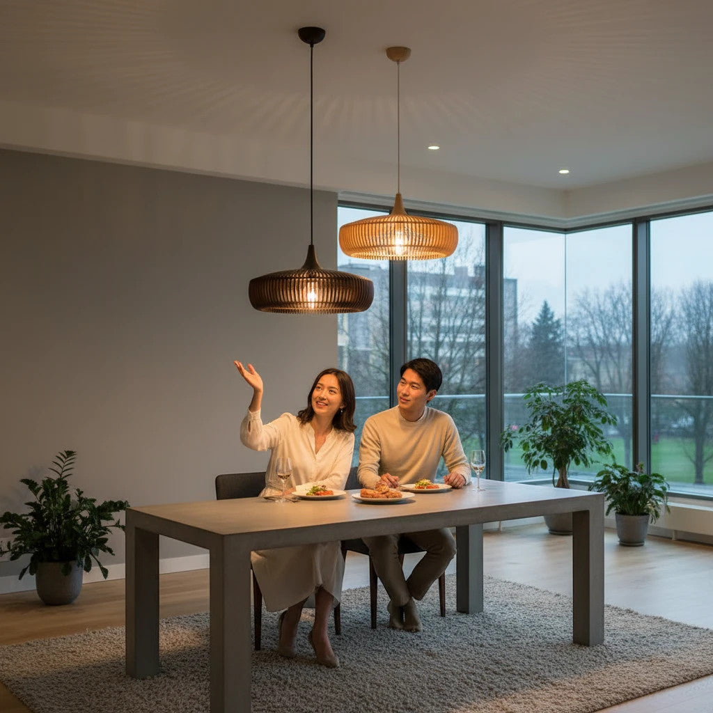 Lysverden ribbed wood pendant lights in light and dark finishes hanging over a dining table with a couple