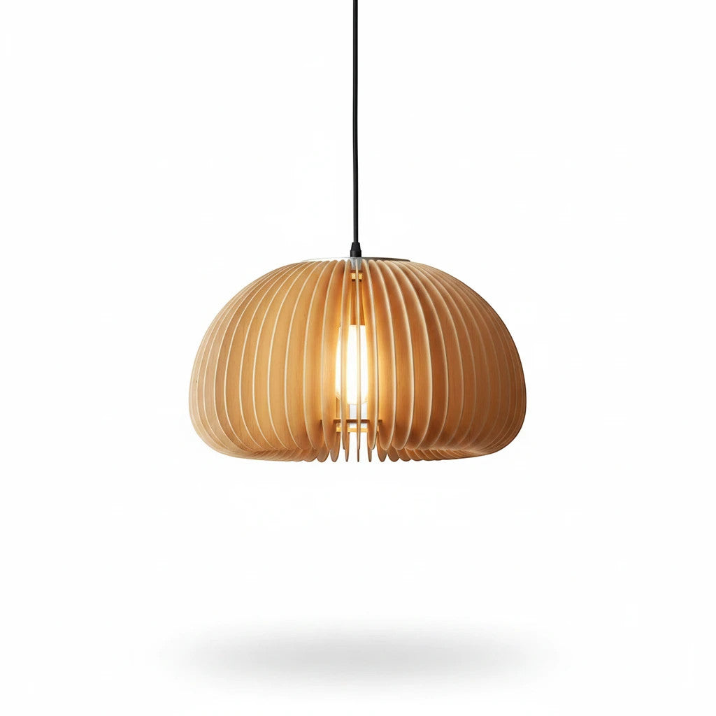 Lysverden ribbed wooden pendant light with a warm, Scandinavian design, perfect for dining room lighting.