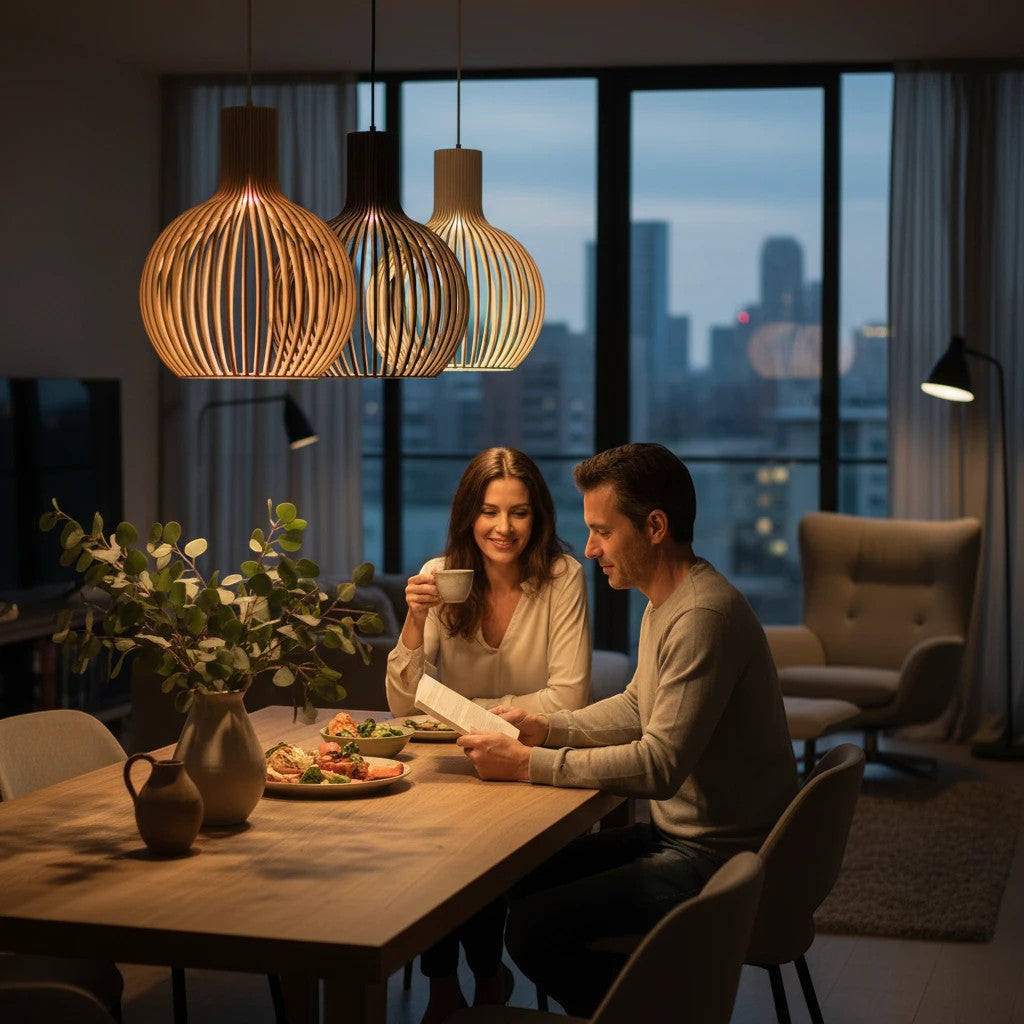 Lysverden ribbed rattan pendant lights in onion shape hanging over a dining table with a couple in a modern home