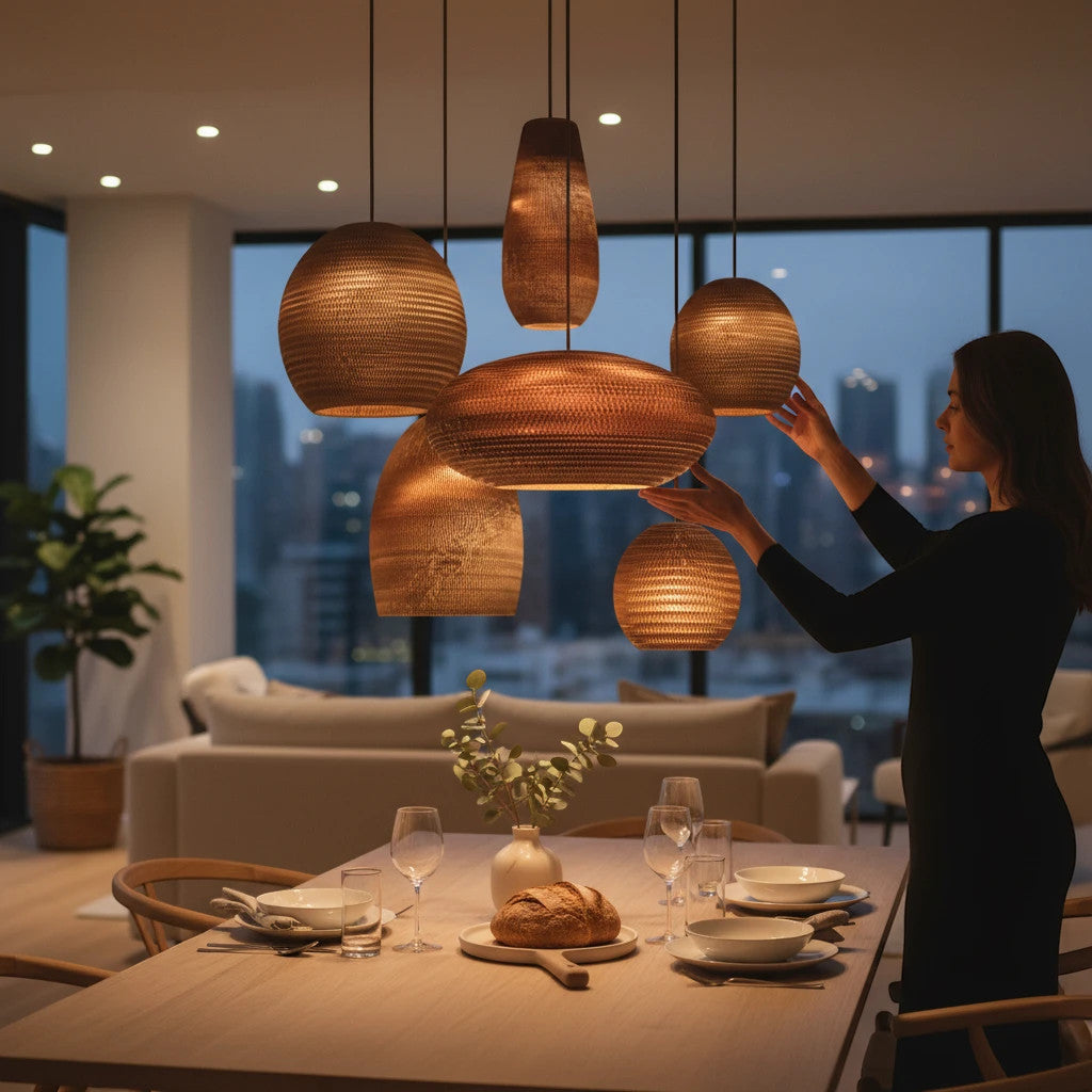 Lysverden ribbed wooden pendant cluster lamps in honey tones hanging over a modern dining table in a city apartment.