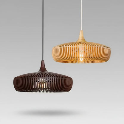 Lysverden Trependel pendant lights in light and dark wood with a ribbed dome design for Scandinavian interiors.