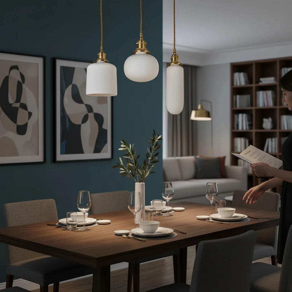 Lysverden RILLE pendant lamps with white fluted opal glass and brass details hanging over a wooden dining table.