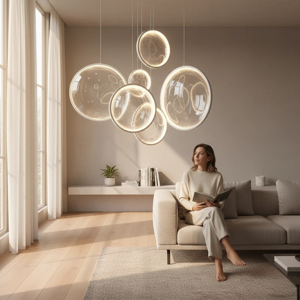 Lysverden ring-shaped LED pendant lights in a modern living room with a woman sitting on a sofa.