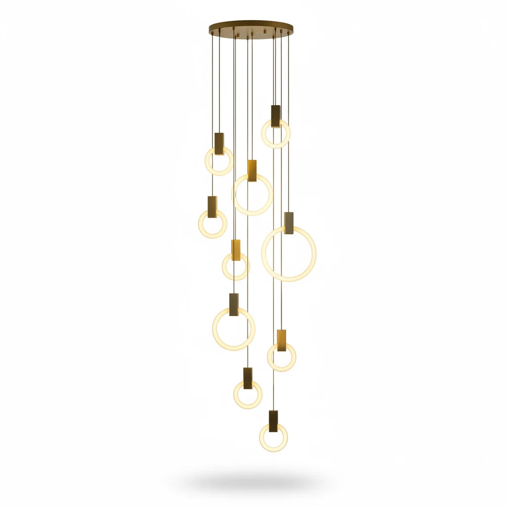 Lysverden minimalistisk ringpendel-lysekrone med flere lysende LED-sirkler i tre- og akrylfinish