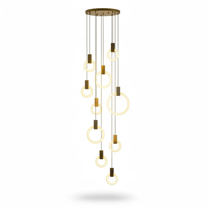 Lysverden minimalistisk ringpendel-lysekrone med flere lysende LED-sirkler i tre- og akrylfinish